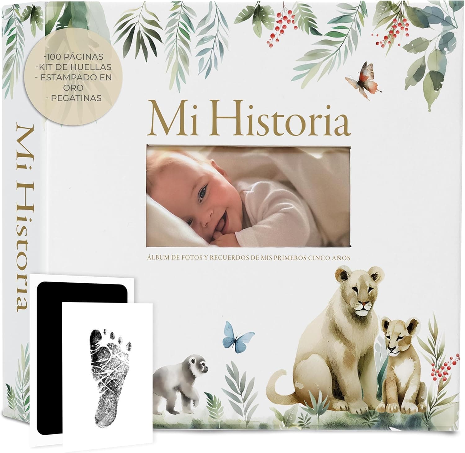 Álbum de recuerdos del bebé con tapa dorada y hueco para la fotografía en portada