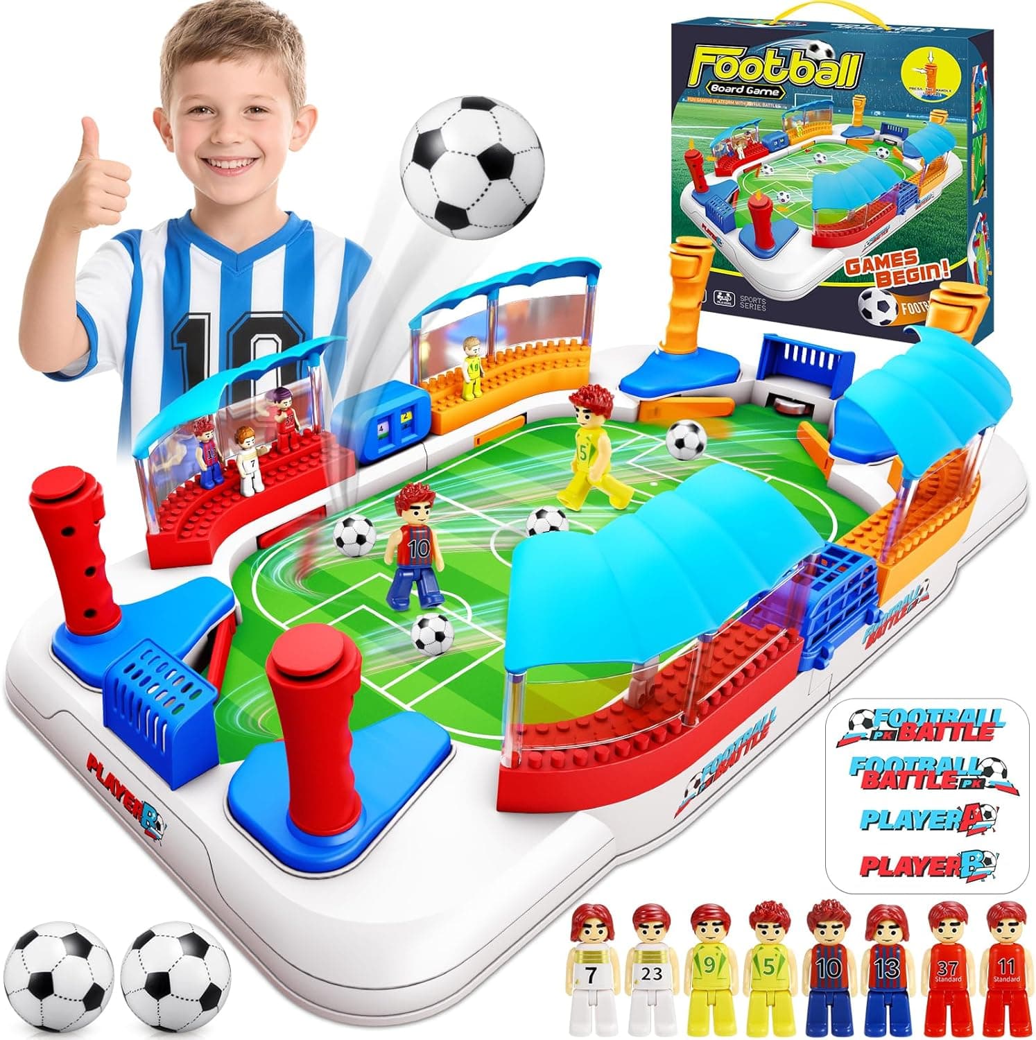 Mini futbolín de plástico de colores con su caja, los jugadores sueltos y un niño jugando