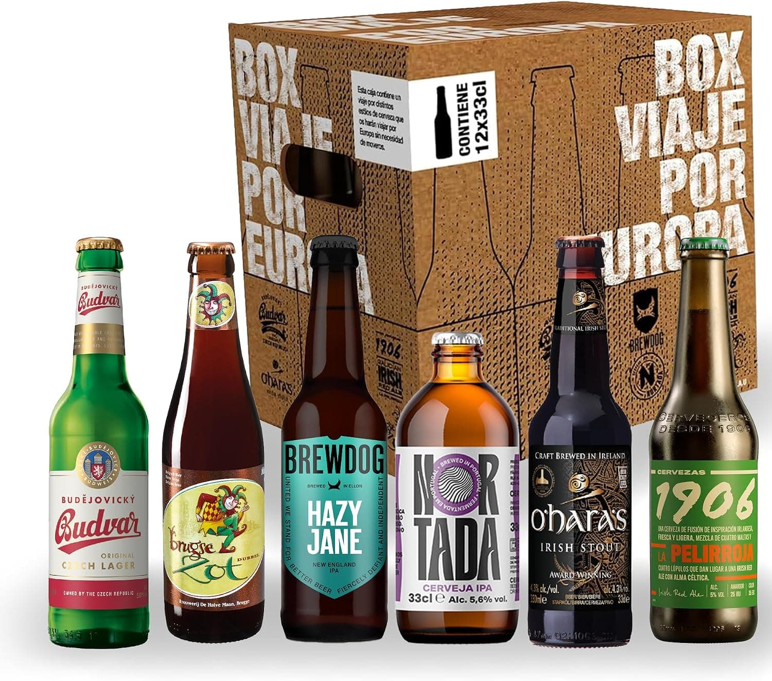 Caja de cartón «Box Viaje por Europa» con las doce botellas dispuestas delante: Budvar checa, Bruges Zot belga, Brewdog Hazy Jane IPA, Nortada IPA portuguesa, O'Hara's Irish Stout y 1906 La Pelirroja