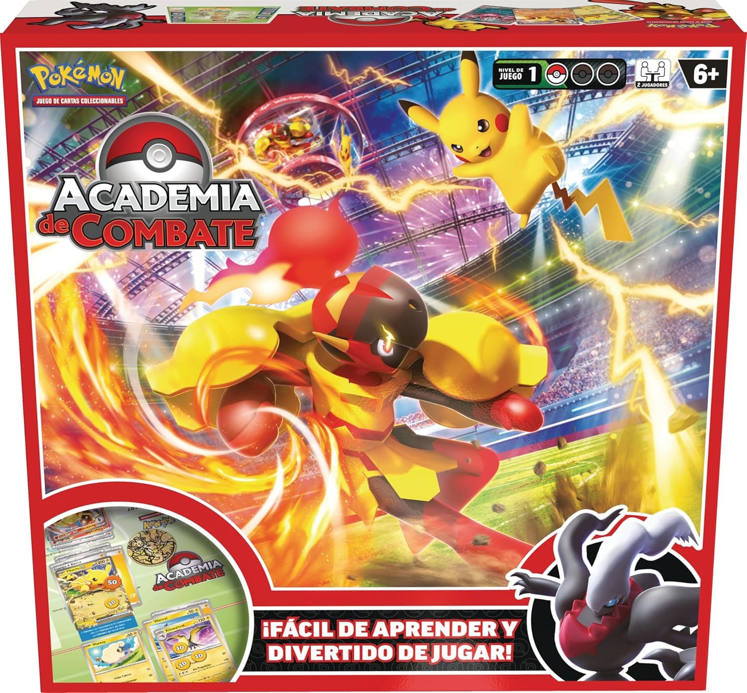 La caja de la Academia de Combate con Pikachu, Armarouge y Darkrai en portada