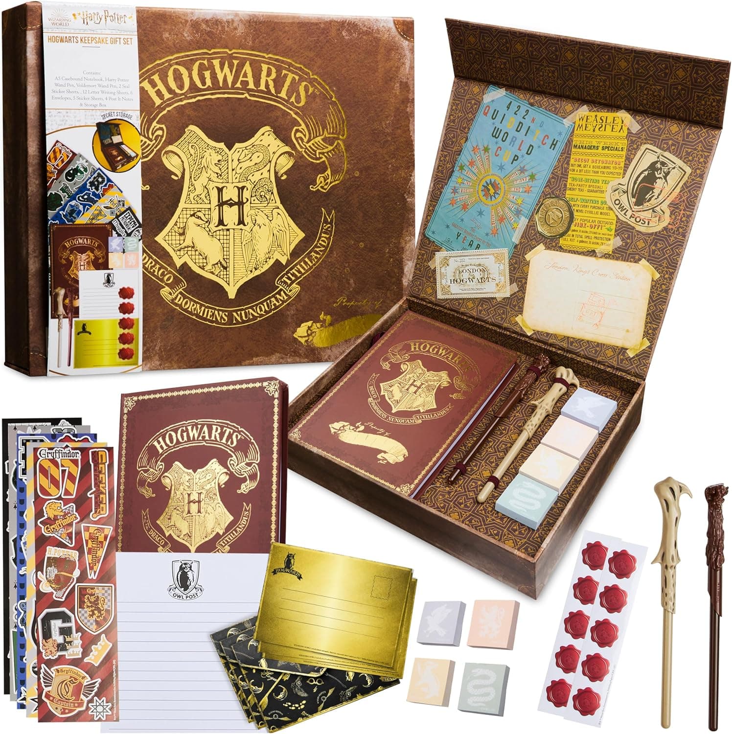 Caja de papelería de Harry Potter con el escudo de Hogwarts y un compartimento secreto